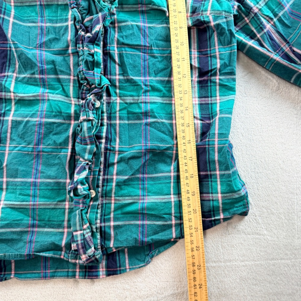 Crown & Ivy Women's Medium Ruffle Front Plaid Button Down Top Green Navy Pink - Picture 7 of 7